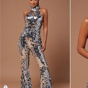 Fashion Nova Silver Sequin Halter Jumpsuit